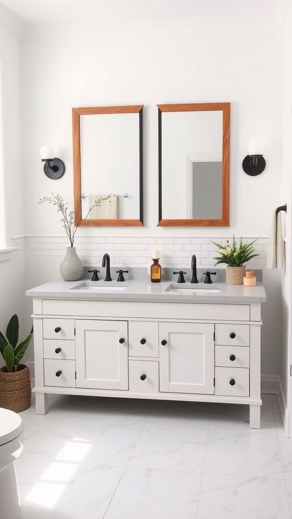 Stylish bathroom vanity with a modern design, featuring white cabinetry, black hardware, and decorative plants.