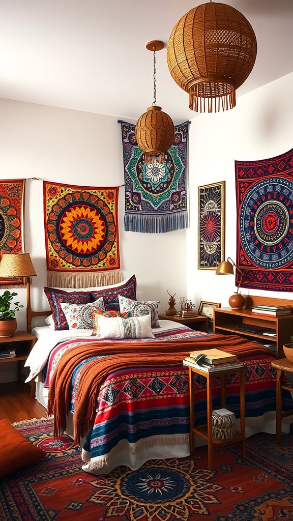 A cozy bohemian bedroom featuring colorful tapestries on the wall.