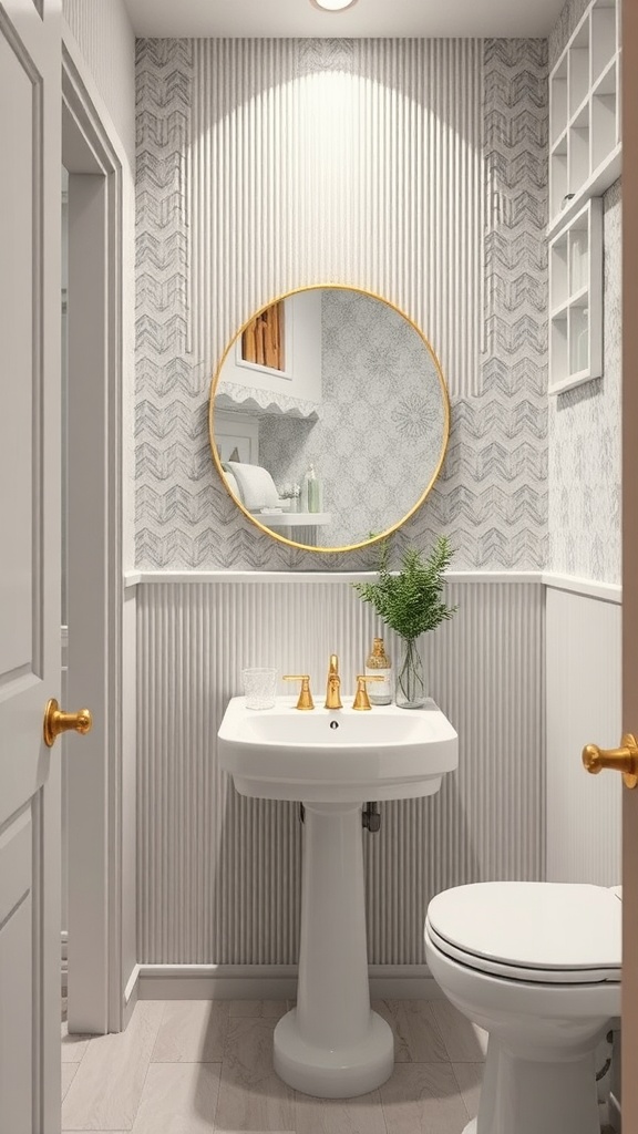 A small, stylish bathroom featuring textured wall treatments with a round mirror, elegant faucet, and greenery.