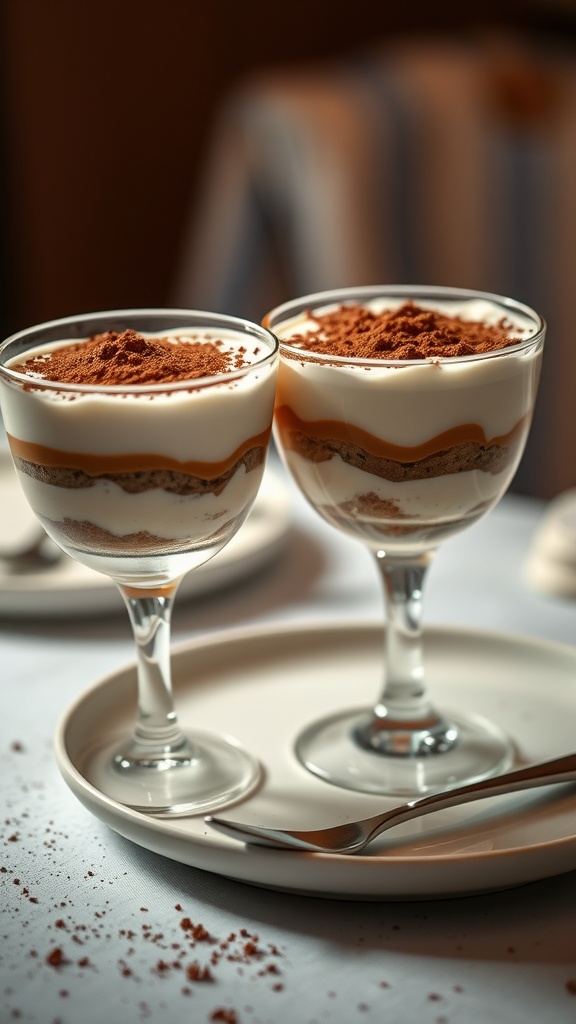 Two servings of tiramisu in elegant glasses
