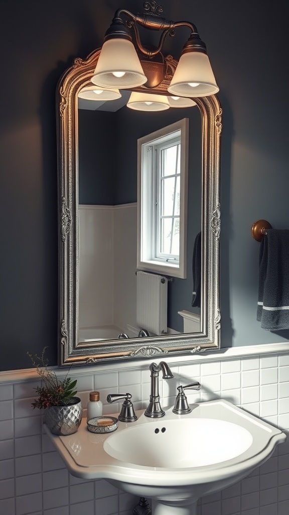 A vintage styled mirror above a sink in a stylish bathroom