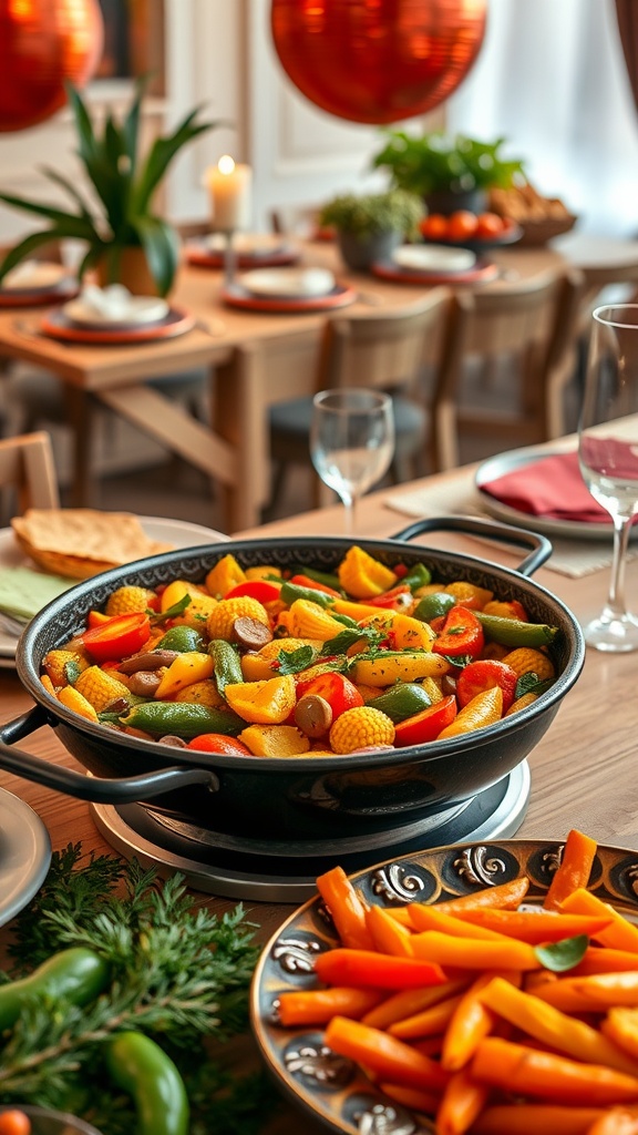 A vibrant vegetable paella with saffron, featuring a mix of colorful vegetables and served in a traditional paella pan.