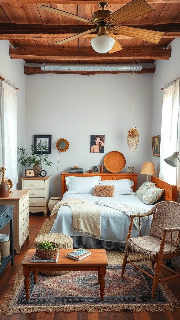 A cozy boho bedroom featuring vintage furniture and decor.