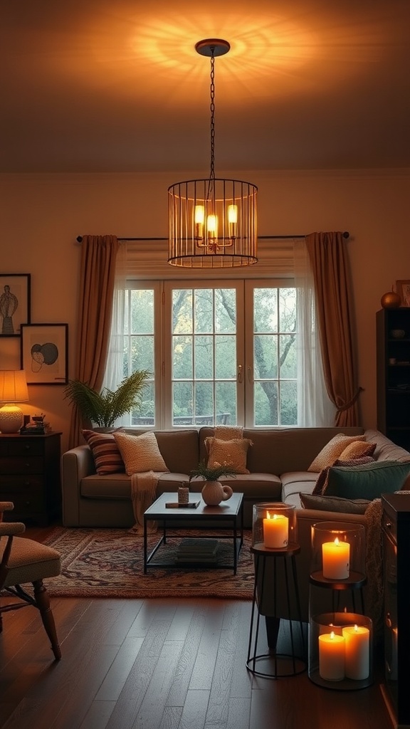 Cozy living room with warm lighting and candles