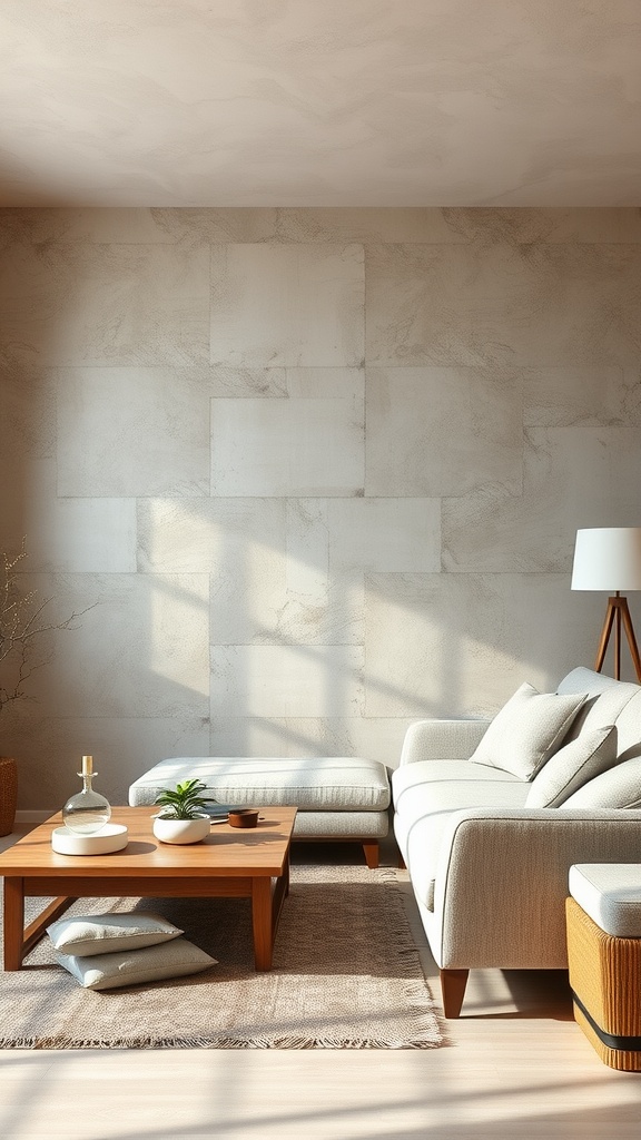 Cozy living room with warm textured walls, minimalist furniture, and soft lighting.
