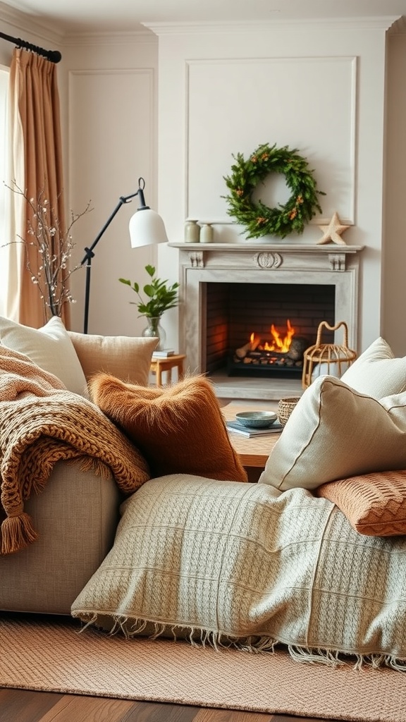 A cozy living room with layered textures, warm blankets, and decorative pillows.