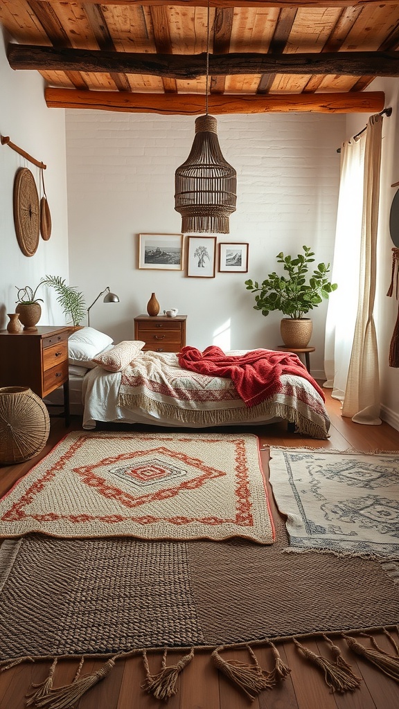 A cozy boho bedroom featuring woven rugs with different patterns.