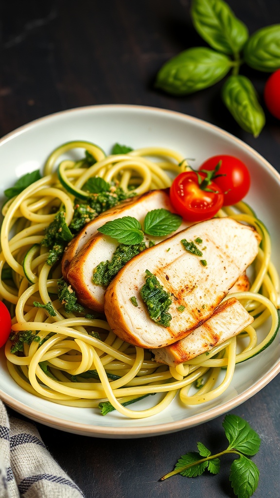A plate of zucchini noodles topped with grilled chicken and pesto, garnished with cherry tomatoes and fresh herbs.