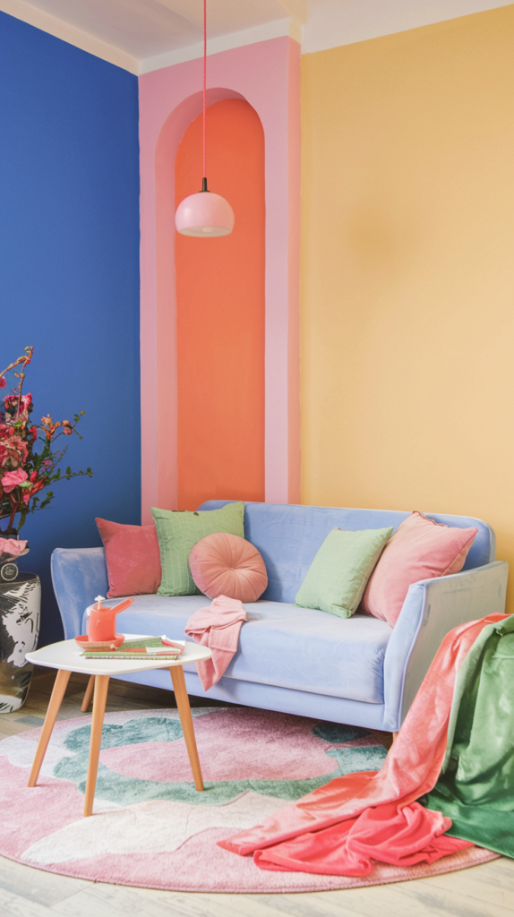 A cozy room with pastel blue and soft yellow walls, combining calmness and warmth. Incorporate subtle pink and light green accents for a gentle yet energizing atmosphere. Feminine style with playful, pastel patterns.