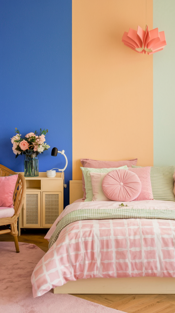 A cozy room with pastel blue and soft yellow walls, combining calmness and warmth. Incorporate subtle pink and light green accents for a gentle yet energizing atmosphere.