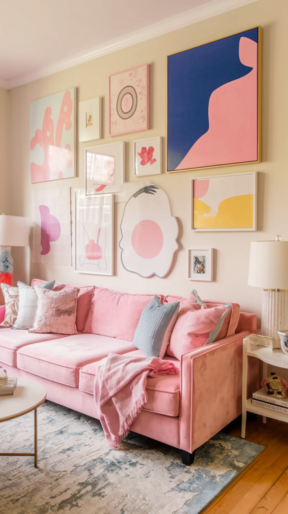 A living room showcasing large-scale abstract wall art in pastel hues, combining pinks, blues, and yellows. Layered gallery wall with different sizes and styles of artwork in a feminine, dreamy style.