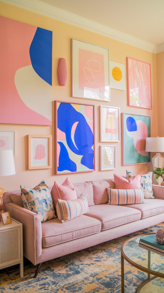 A living room showcasing large-scale abstract wall art in pastel hues, combining pinks, blues, and yellows. Layered gallery wall with different sizes and styles of artwork.