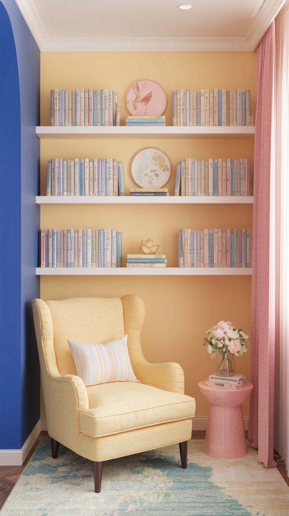 A pastel yellow reading corner with a comfortable armchair and a pastel blue accent wall. Shelves adorned with pastel-colored book spines and decor in a soft, feminine aesthetic.