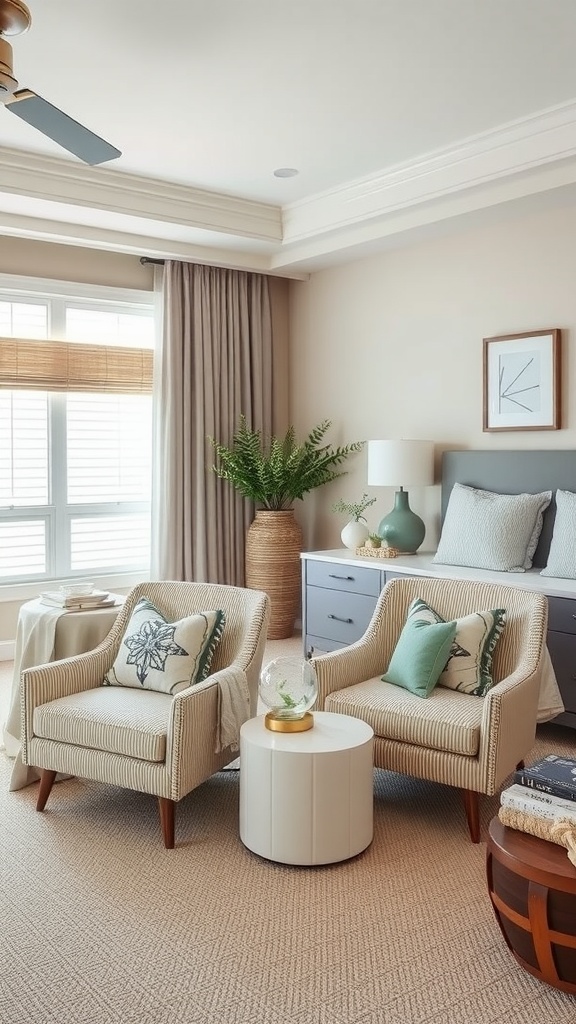 A modern bedroom featuring two accent chairs with coastal flair and a round white table.