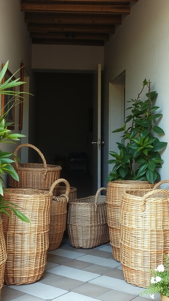 A collection of woven baskets in a hallway with plants.