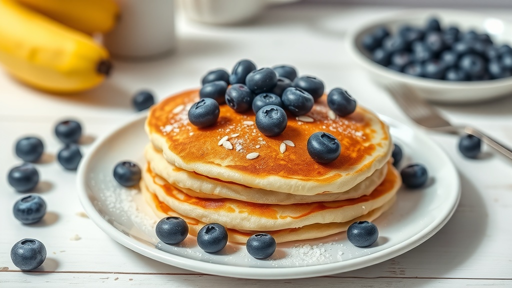 Fluffy almond flour pancakes topped with fresh blueberries on a white plate.