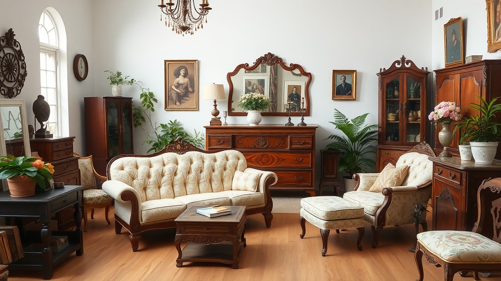 A cozy farmhouse living room featuring antique furniture, including a vintage sofa, a wooden coffee table, and decorative plants.