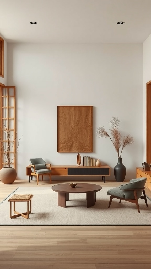 A Japandi style living room featuring wooden furniture, minimal decor, and a cozy atmosphere.