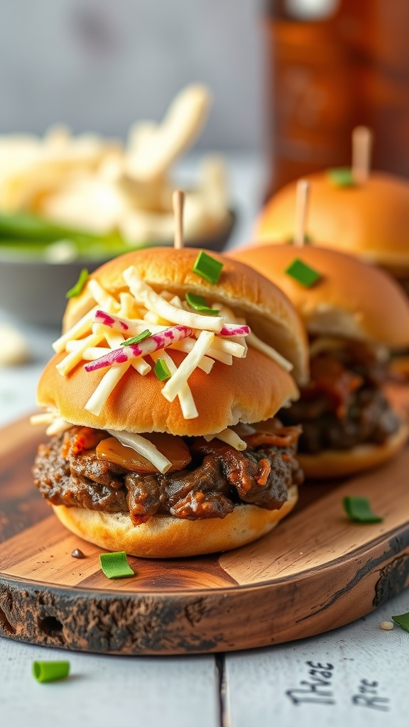 Barbecue beef sliders with coleslaw on a wooden platter.