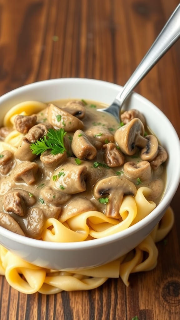 A bowl of beef and mushroom stroganoff with egg noodles and fresh parsley.