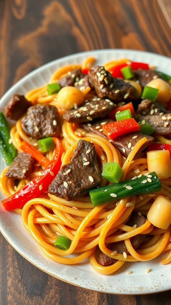 A plate of beef and vegetable stir-fry noodles with colorful peppers and green onions.