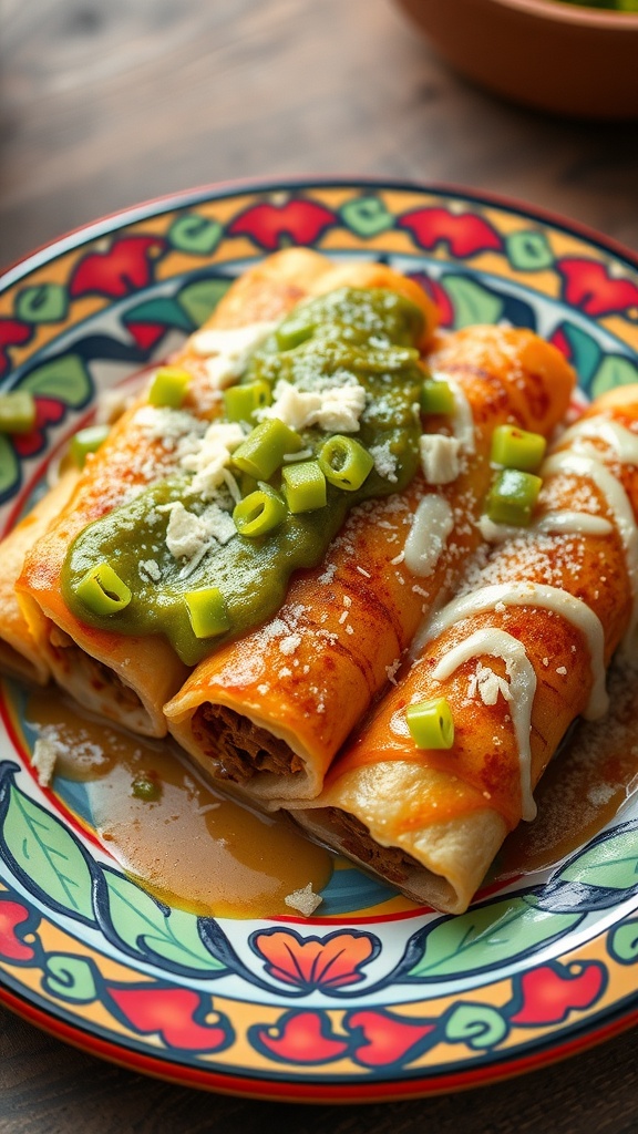 A plate of beef enchiladas topped with green sauce, cheese, and green onions.
