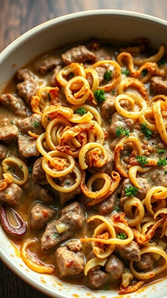 A delicious beef stroganoff casserole with pasta and herbs