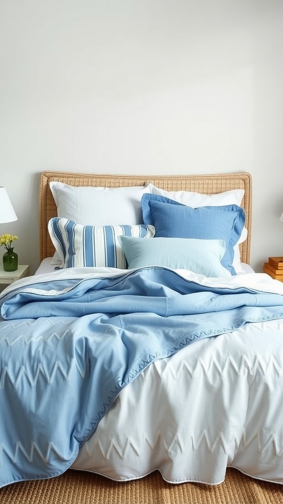 A modern bedroom featuring blue and white bedding with decorative pillows.