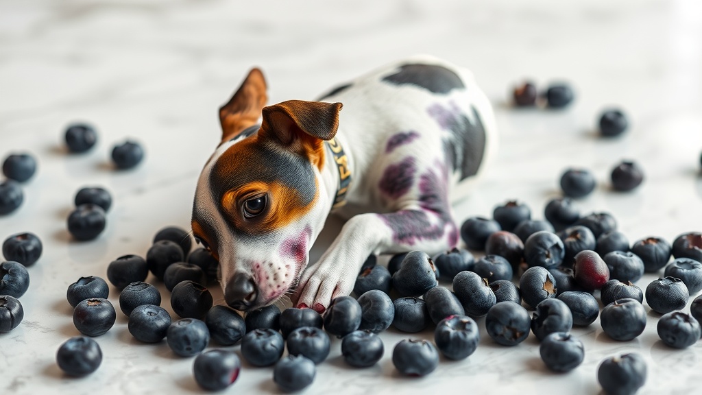 A dog lying on a surface covered with blueberries