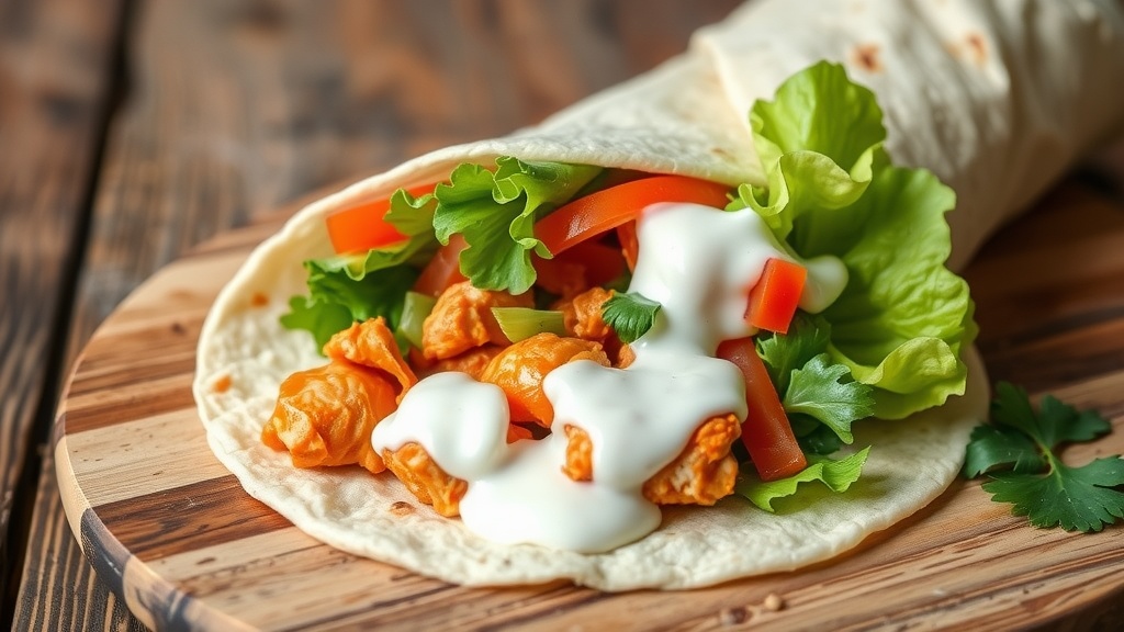 A delicious buffalo chicken wrap filled with lettuce, chicken, and sauce, resting on a wooden surface.