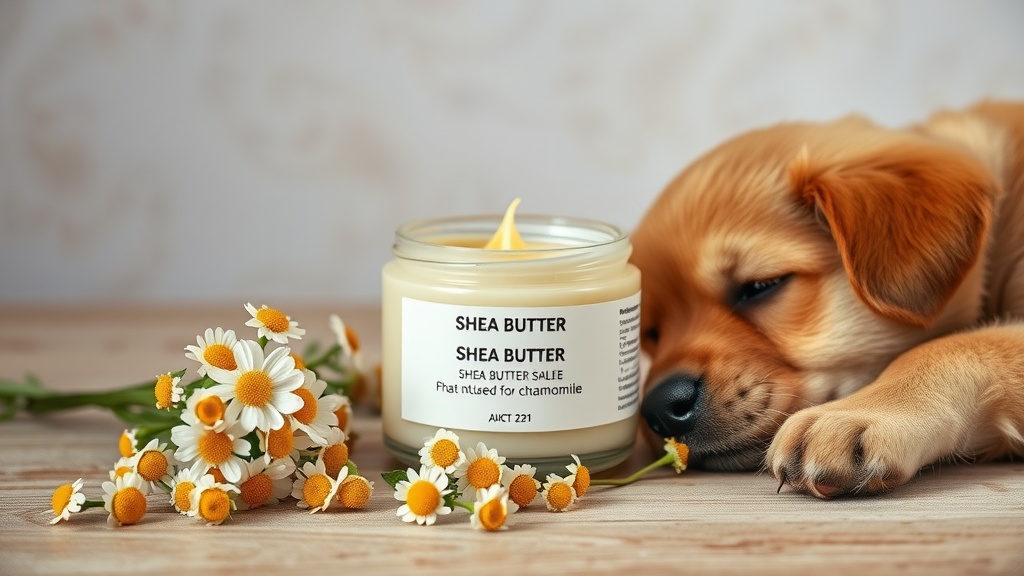 A cute puppy sleeping beside a jar of chamomile and shea butter paw moisturizer, accompanied by fresh chamomile flowers.
