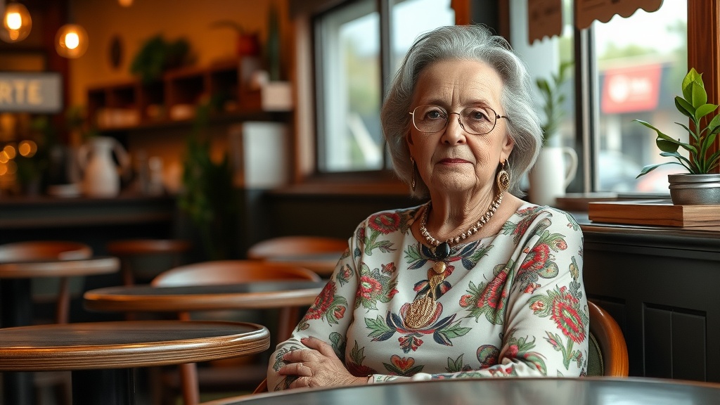 An older woman in a stylish bohemian floral top seated in a cozy cafe.