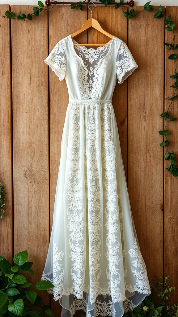 A chic bohemian lace wedding dress hanging on a wooden wall