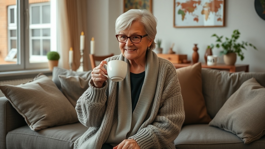 An older woman in a cozy oversized cardigan enjoying a cup of coffee at home.