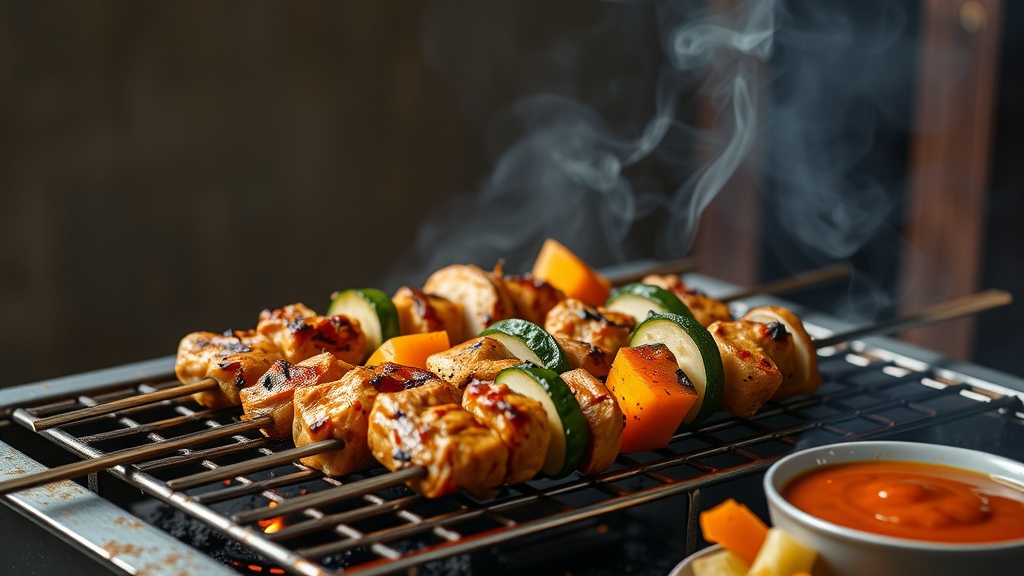 Grilled chicken and vegetable skewers on a grill with smoke rising.