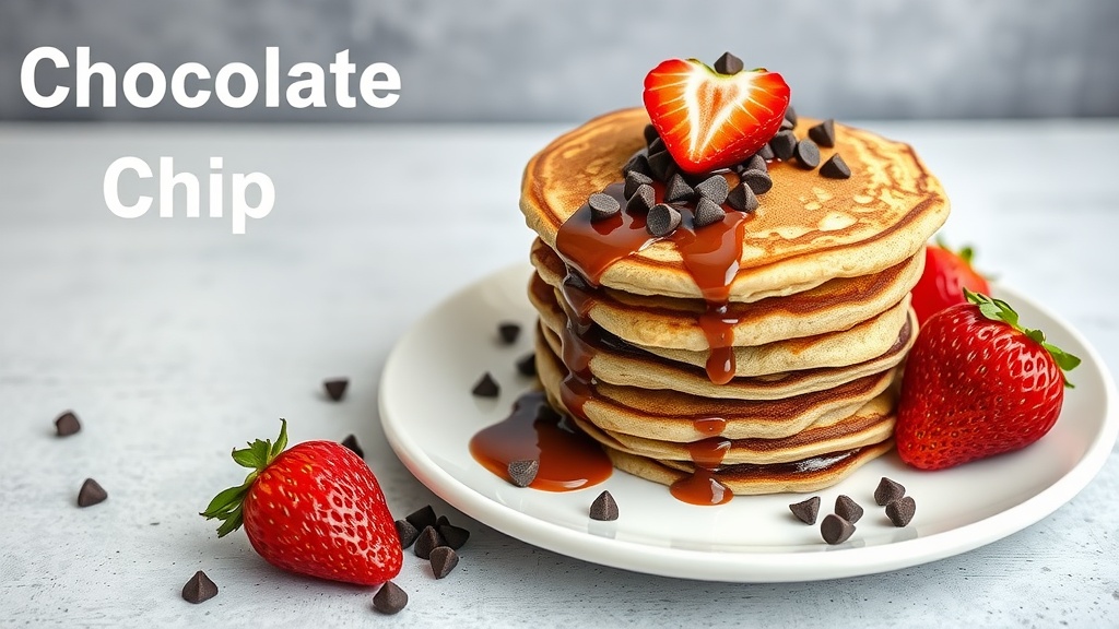A stack of chocolate chip keto pancakes topped with strawberries and chocolate chips.