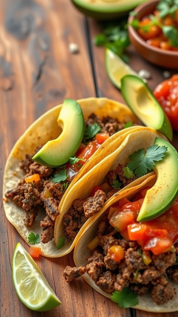 Delicious beef tacos with fresh toppings on a wooden table.
