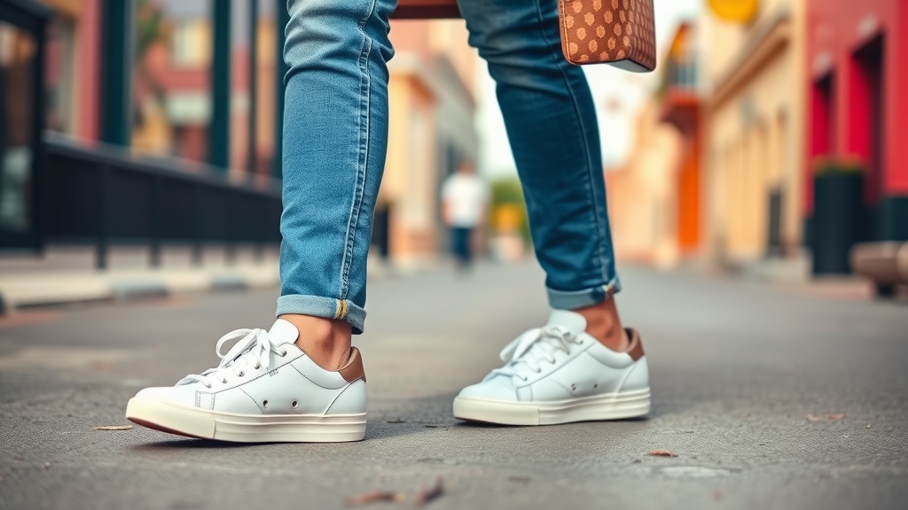 A pair of legs in classic blue jeans and white sneakers standing on a city street.