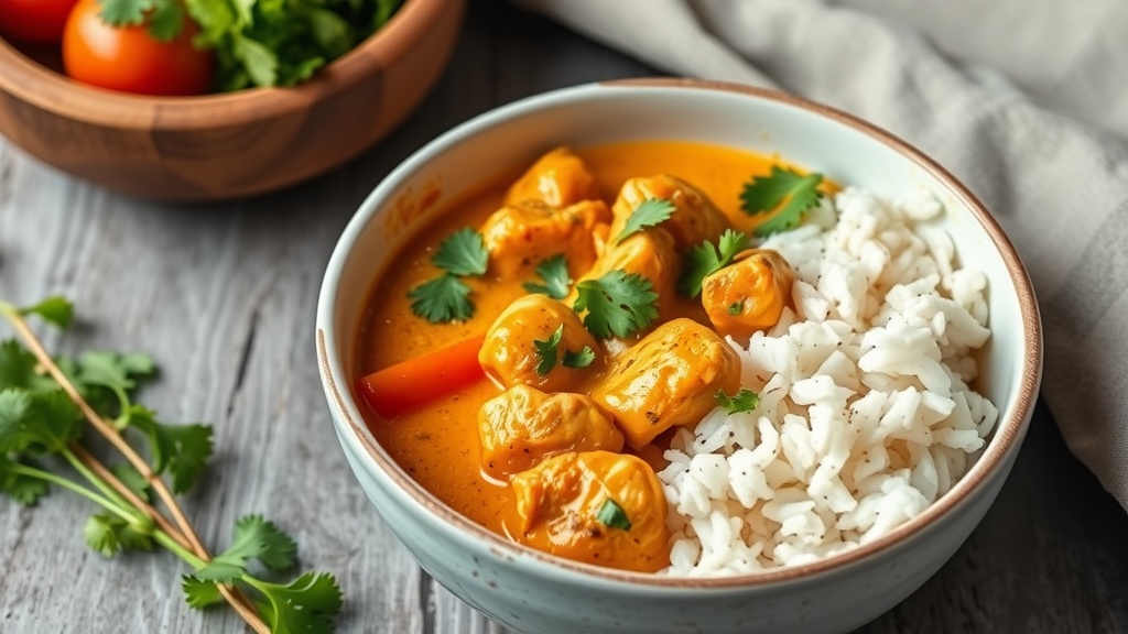 A bowl of coconut curry chicken with rice and fresh herbs