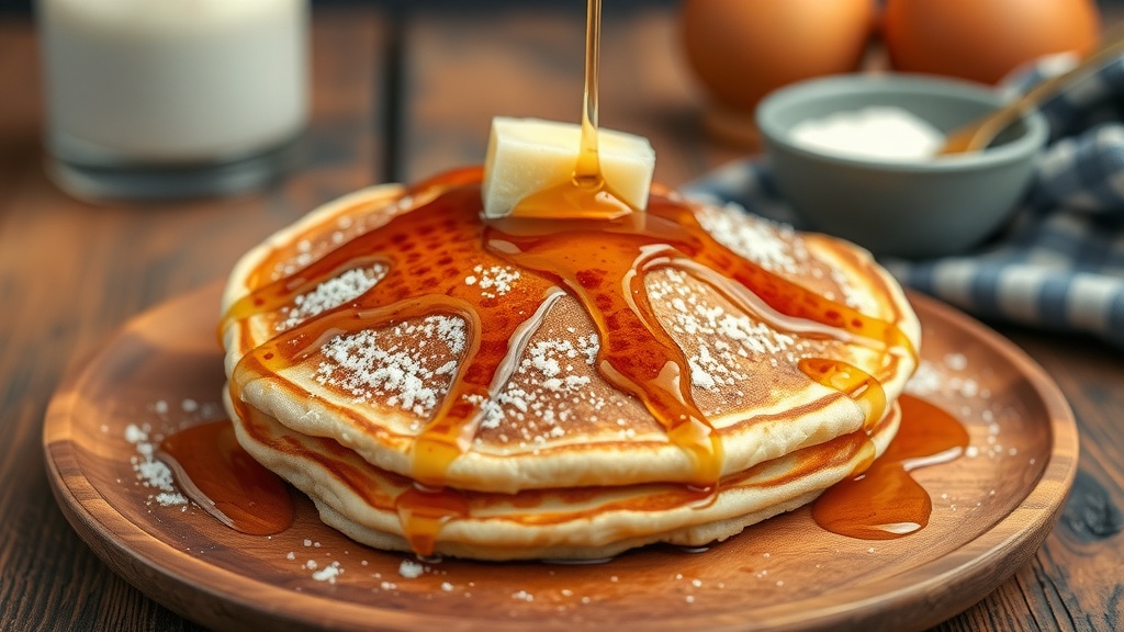 A plate of coconut flour pancakes topped with butter and sugar-free syrup.