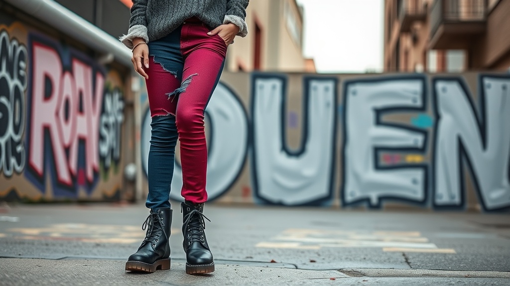 A person wearing colored denim and combat boots stands against a graffiti wall.