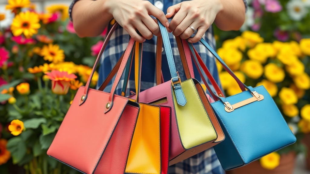 A person holding multiple colorful handbags in a flower garden.