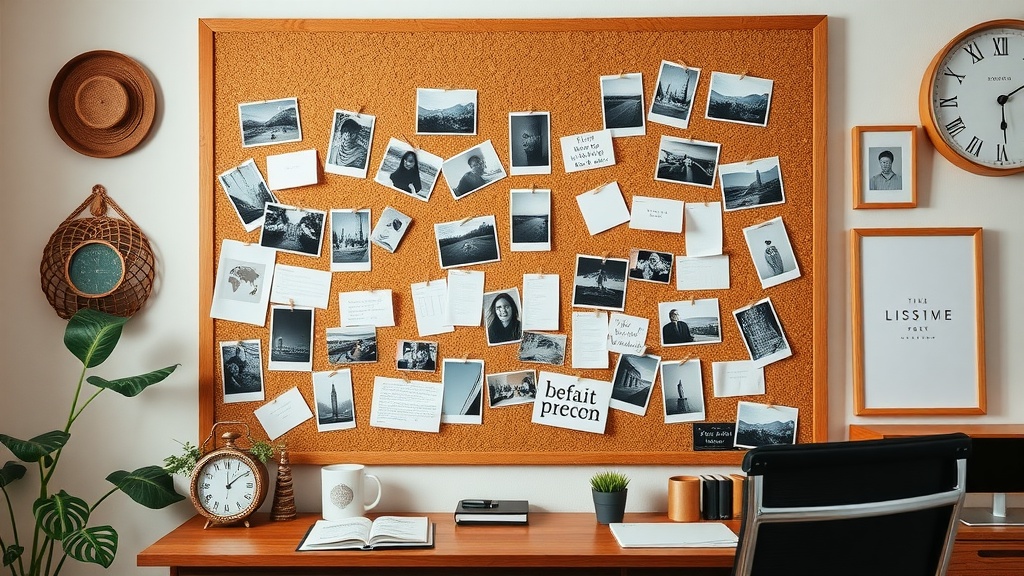 A cork wall pinboard filled with photos and notes in a cozy workspace.