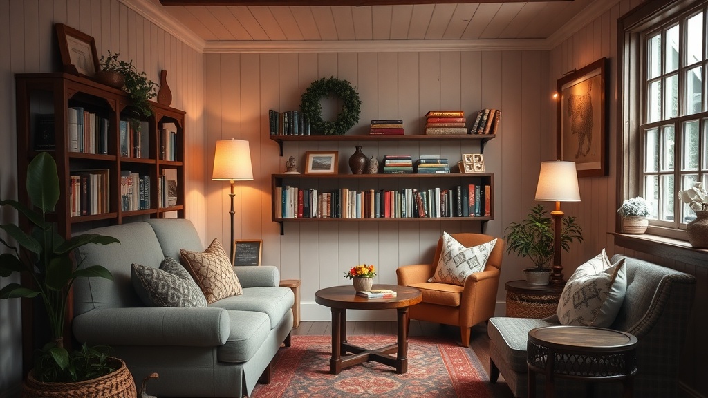 A cozy reading corner with a sofa, armchair, bookshelves, and warm lighting.