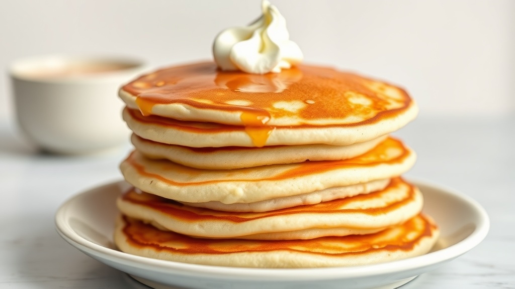 Stack of cream cheese pancakes with syrup and whipped cream on top