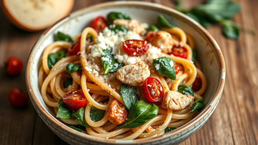 A bowl of creamy Tuscan chicken pasta with spinach and cherry tomatoes.