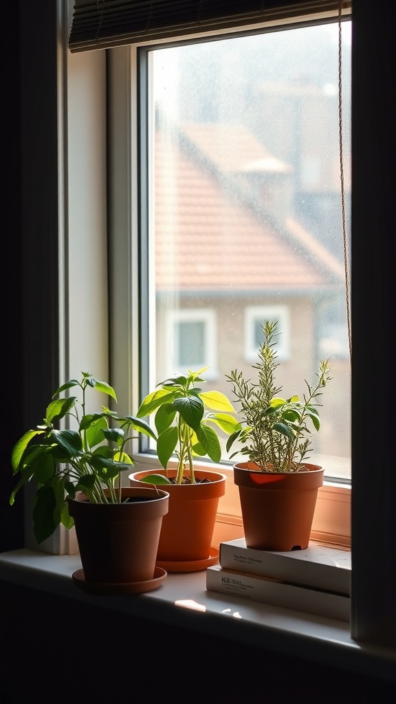 Three potted herbs on a windowsill with sunlight streaming in.