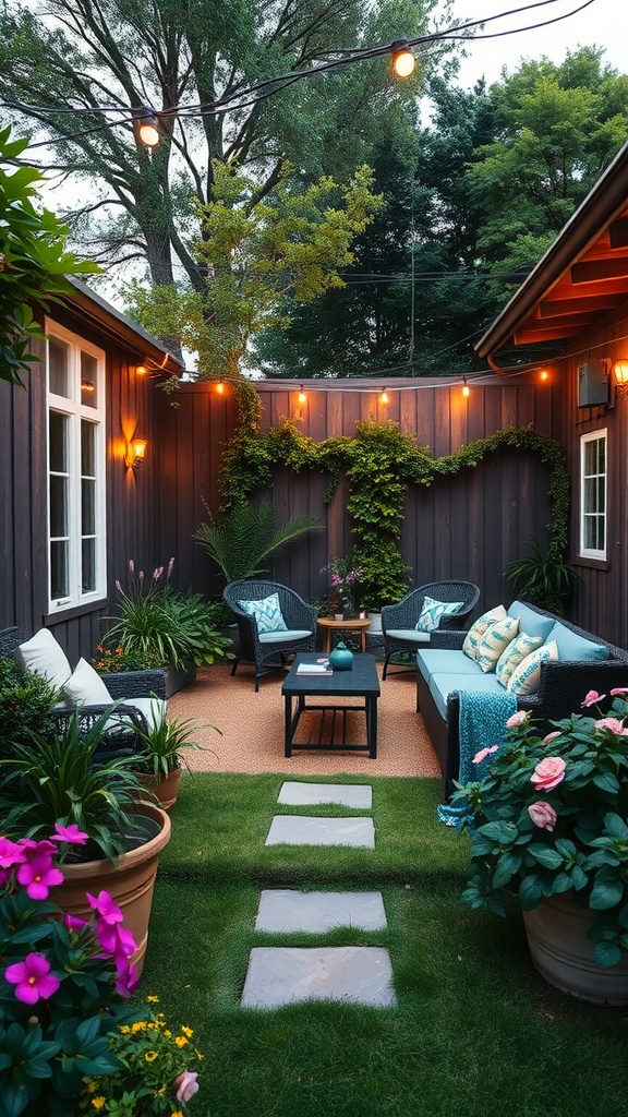 A cozy outdoor space with seating, plants, and string lights.