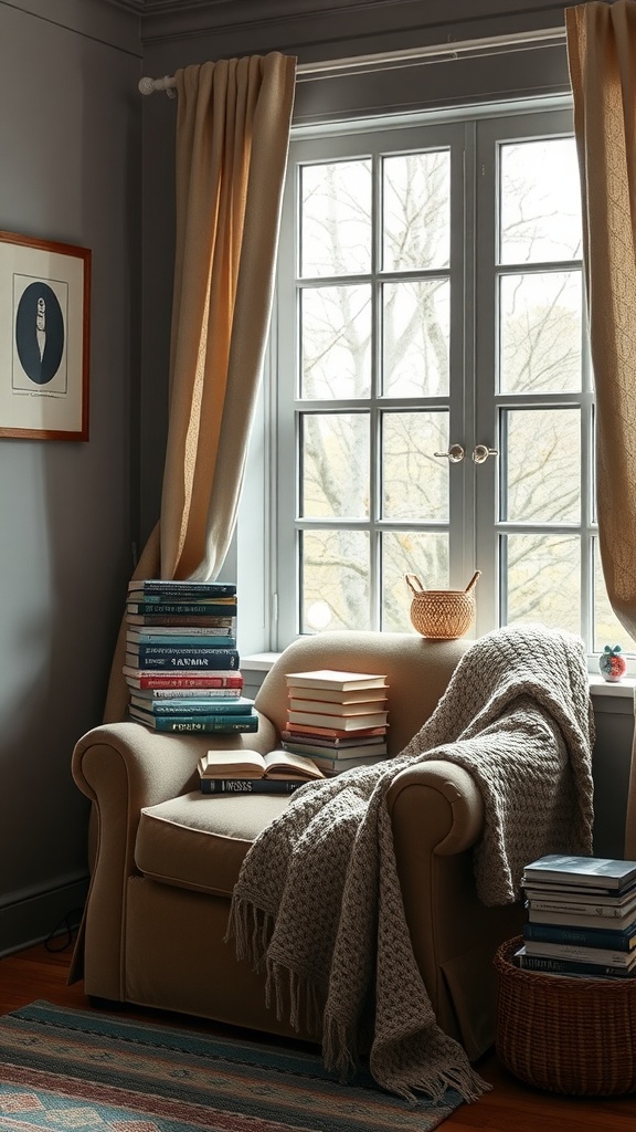 A cozy reading nook with a comfy chair, stacked books, and a warm blanket.