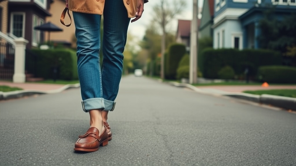 A person wearing cuffed jeans and brown loafers walking on a street.